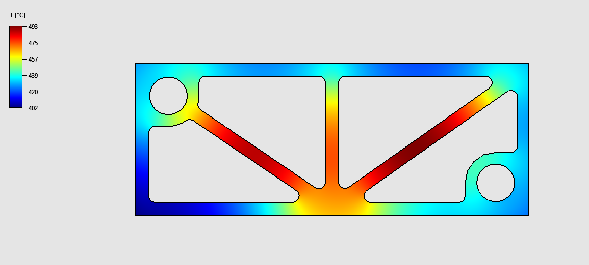 FEM thermal simulation of an aluminium extrusion profile, showing the temperature field from 402 to 493 degrees Celsius