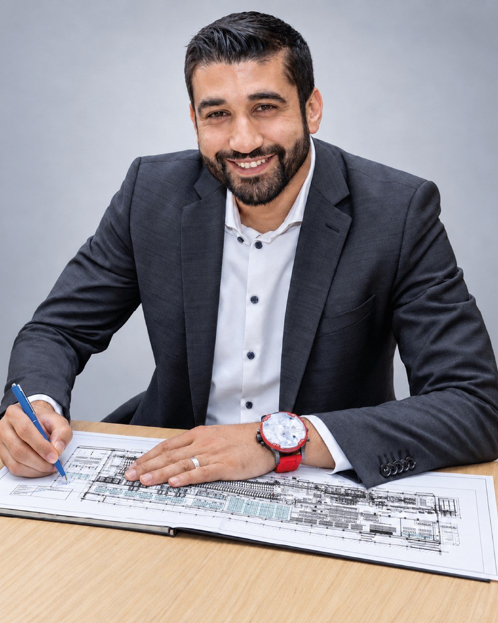 Amir Baili, Managing Director of ECONS International, at his desk with a technical drawing